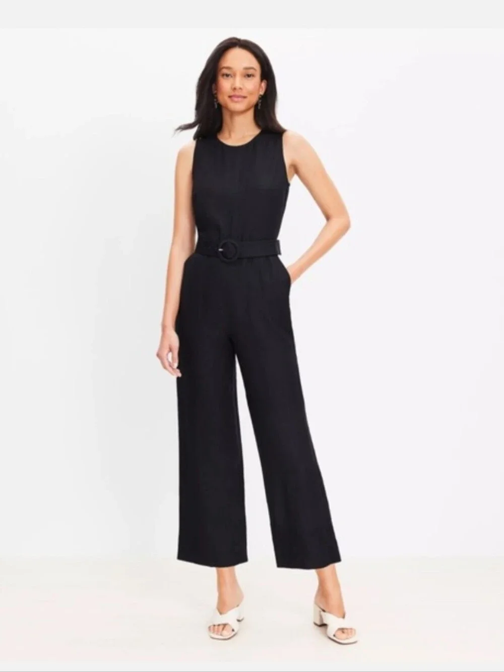 Black Linen Wide Leg Belted Jumpsuit Minimalist Pockets Sz 14 - Picture 1 of 12